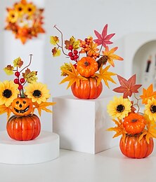 levne -Halloweenská podzimní dekorace na stůl s umělou dýní, javorovými listy a LED světelnou dekorací pro podzimní festival dožínek, strašidelná podzimní dekorace na Halloween