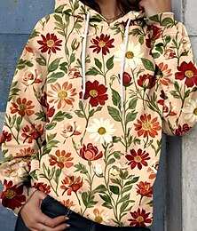 abordables -Mujer Sudadera con capucha Pullover Floral Graphic Elegante Cálido Activo Manga Larga Con Capucha Tops regulares Calle Uso Diario Casual Estampado Granate Primavera Otoño Invierno