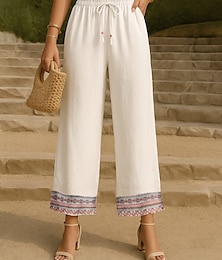 economico -Per donna Pantaloni in cotone e lino Chinos Pantaloni Moda Stile Etnico Essenziale Lunghezza intera Vita Alta Floreale Ricamato Tasca Coulisse Comodità All'aperto Micro-elastico Vacanza Streetwear