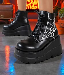 abordables -Botas de plataforma negras para mujer con diseño de telaraña: botines gruesos con cordones para Halloween, cosplay y bailes de máscaras, estilo punk y gótico, cómodos para usar todo el día.
