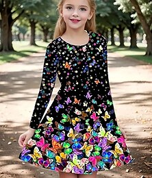 billiga -Flickor 3D Fjäril Klänning Långärmad Sommar Vår Semester Dagligen Helgdag Prinsessa Skön Ljuv Barn 4-12 år Vardagsklänning A linjeklänning Knälång Normal