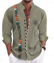 preiswerte -Herren Sonne Ethnisch Indische Kultur Hemd Stehkragenhemd Langarm Vintage-Retro Urlaub Alltagskleidung Ausgehen Frühling Herbst Mandarinkragen Stehkragen Button-Down Leinenähnliches Hemd Grün