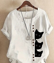 economico -Per donna Camicie di cotone e lino Animale Gatto Elegante Quotidiano Essenziale Manica Corta Girocollo Top Regolari Quotidiano Ferie Abbigliamento da vacanza Bottoni Bianco Giallo Blu marino Blu Viola