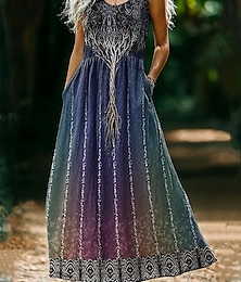 abordables -Femmes Robe maxi Robe d'Été Robe trapèze Robe Nuisette Robe Plissée Vacances Occasionnel Boho Quotidien Fête Plage Coupe Ample Graphique Sans manches Col en U Bleu Vert foncé Violet Gris Été Printemps