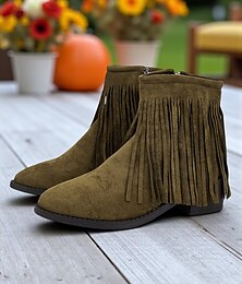 baratos -Botas femininas de camurça sintética com franjas – botas curtas de salto baixo estilo western para looks de outono, streetwear casual e eventos ao ar livre