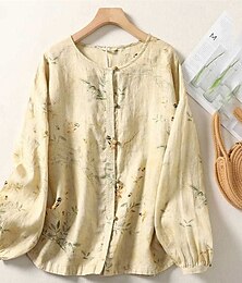 abordables -Mujer Camisa Floral Diario Elegante Básico Manga Larga Cuello Barco Tops regulares Trabajo Diario Festivos Botones Estampado Beige Primavera Otoño