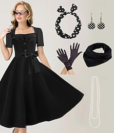 ieftine -Rochie rockabilly A-Line pentru femei cu buline rochie de tip swing rochie flared cu set de accesorii costume din anii 1950 vintage din anii 60 cu bandă de cap fular din chiffon cercei colier cu