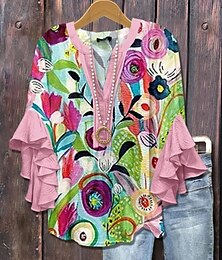 economico -Pasqua Per donna Blusa Floreale Grafico Elegante Bohemien Etnico Manica 3/4 Scollo a V Top Regolari Quotidiano Ferie Abbigliamento da vacanza Volant Stampato Giallo Rosa Marrone chiaro Blu Viola
