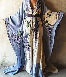 ieftine -Rochie lungă pentru femei, rochie maxi, rochie boho, rochie casual, rochie lejeră, rochie de vară, vintage, vacanță, zi de zi, plajă, croială regulată, imprimeu floral, mânecă lungă, decolteu în V, albastru, vară, primăvară, toamnă