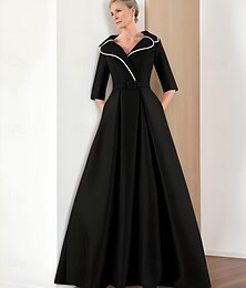 abordables -Robe de mère de la mariée noire et blanche, coupe trapèze, élégante, simple, minimaliste, col en V, revers, longueur au sol, satin sergé, manches 3/4 avec ceinture, 2025