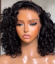 baratos -Cabelo humano remy Fechamento 5x5 13x4 Lace Front Peruca Bob curto Cabelo Brasileiro Ondulação Larga Preta Peruca 130% 150% Densidade do Cabelo com o cabelo do bebê 100% Virgem Sem cola Pré-depenado