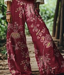 abordables -Femmes Culottes Jambe Large Vacances ancien Style Ethnique Longueur complète Taille haute Fleuri Graphique Séchage Rapide Respirabilité Doux Non Elastique Formel Extérieur Vacances Couleur Rubis