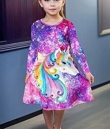 ieftine -Girls ' 3D Inorog Rochie Manșon Lung Vară Primăvară Vacanță Zilnic Concediu Prințesă Frumoasa Dulce Copii 4-12 ani Rochie casual Rochie A line Lungime Genunchi Fit regulat