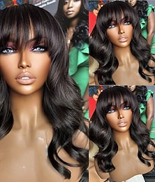 baratos -Cabelo humano remy Fechamento 5x5 13x4 Lace Front Peruca Com Franjas Cabelo Brasileiro Ondulado Preta Peruca 130% 150% Densidade do Cabelo com o cabelo do bebê Riscas Naturais 100% Virgem Sem cola