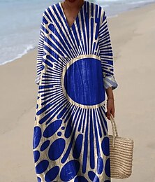abordables -Femmes Robe maxi Robe d'Été Robe trapèze Vacances Occasionnel Boho Sortir Plage Graphique Géométrique Rayure manche longue Col en V Frêne Noir Jaune Rose Claire Été Printemps