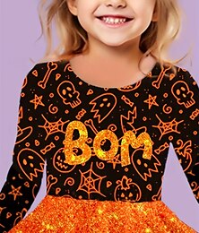 ieftine -Halloween Girls ' 3D Fantomă Rochie Manșon Lung Vară Primăvară Vacanță Zilnic Concediu Prințesă Frumoasa Dulce Copii 4-12 ani Rochie casual Rochie A line Lungime Genunchi Fit regulat