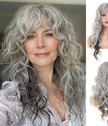 levne -Dlouhá kudrnatá vlnitá šedá paruka pro ženy, syntetické tepelně odolné vlasy, paruka pro cosplay s ofinou