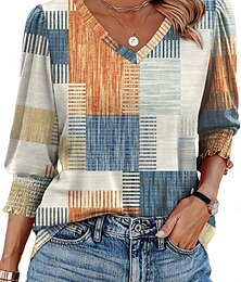 economico -Per donna Blusa Foglia Plaid Tropicale Elegante Casual Manica 3/4 Scollo a V Top Regolari Quotidiano Stampato Bianco Blu Cachi Estate Primavera