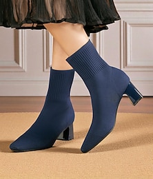 baratos -Botas femininas de meia em malha azul marinho – botas de cano curto com elástico e bico fino e salto grosso para uso diário elegante e looks de outono