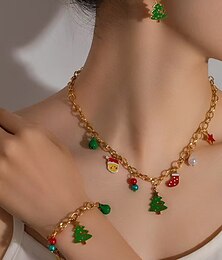 abordables -Conjunto de joyas navideñas para mujer: collar, pulsera y pendientes de cadena dorada con colgantes de árbol festivo, Papá Noel y medias, divertidos accesorios navideños para atuendos de fiesta