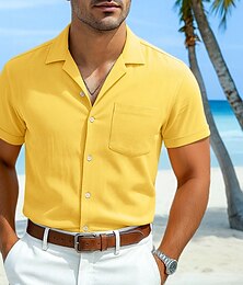 economico -Per uomo Camicia bianca di cotone Camicia Estiva Camicia casual Camicia in cotone e lino Camicia con colletto cubano Semplice Vacanza Casuale Nero Giallo Blu marino Verde Manica Corta Collo Camp
