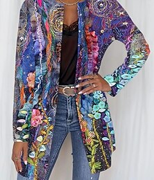 cheap -Women's Casual Jacket Comfortable Breathable Pocket Open Front Casual Boho Vintage Floral Casual Daily Wear Open Front Long Crewneck Regular Fit Long Sleeve Outerwear Blue Purple Spring Fall