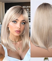 levne -Blond paruka krátká ombré bob paruka s ofinou, 14 palcová rovná bob paruka pro ženy, přirozeně vypadající, žáruvzdorné syntetické paruky pro každodenní nošení