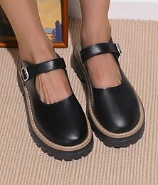abordables -Zapatos Mary Jane negros gruesos con hebilla para mujer: plataforma de piel sintética para adolescentes y mujeres, ideales para la escuela, ropa de calle y conjuntos de otoño.