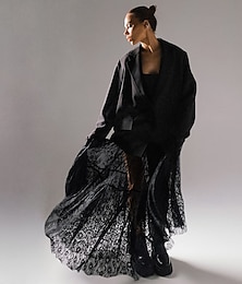 economico -Per donna Gonna Linea A Svasato Elegante Vintage Sexy Lungo Maxi Misura del girovita medio Gonne Pizzo Volant Patchwork Inelastico Scuola Performance Nero Primavera, Autunno, Inverno, Estate Nylon