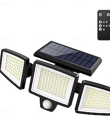 billige -Solcelledrevne utendørslamper 2500lm 210 LED-sikkerhetslamper med fjernkontroll 3 hoder bevegelsessensorlamper IP65 vanntett 270 vidvinkel flomlamper med 3 moduser for garasje, veranda og hage