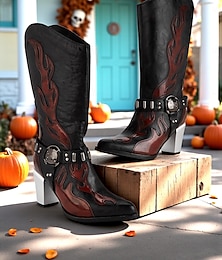 economico -Stivali da cowboy western da donna con ricami a fiamma - stivali gotici neri e marroni con tacco grosso a metà polpaccio per Halloween, festival musicali e abiti da rodeo