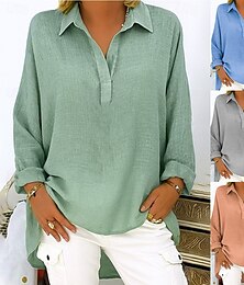 abordables -Femmes Chemises en coton et lin Couleur Unie Basique Occasionnel manche longue Col en V Hauts Réguliers Quotidien Rose Claire Bleu Vert Gris Été Printemps Automne