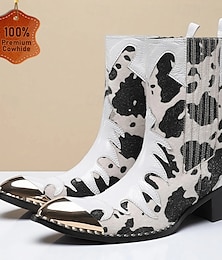 cheap -Men's Cow Print Genuine Cowhide Western Boots with Metal Toe Cap Statement Rodeo Style Cowboy Boots for Stage Parties and Fashion Events