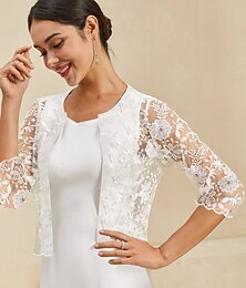 abordables -Boléro femme dentelle brodé élégant floral formel régulier col rond coupe ample manches 3/4 vêtements d'extérieur blanc été printemps automne hiver