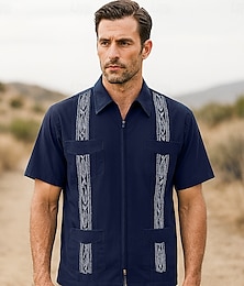 abordables -Hombre Camisa Burdeos Azul Marino Oscuro Manga Corta Bordado Cuello Camisero Exterior Vacaciones Cerrar Ropa Elegante Vacaciones Vintage Diario