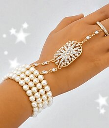 abordables -Pulsera y anillo de cadena de perlas Art Déco para mujer: joyería estilo Gatsby de los años 20 con diamantes de imitación para fiestas temáticas vintage.
