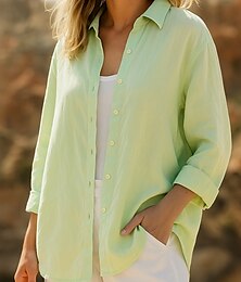 abordables -Chemise femme 100% coton couleur unie élégante vintage quotidien manches longues col chemise régulier hauts quotidien vacances vêtements de vacances blanc bleu vert printemps, automne, hiver, été
