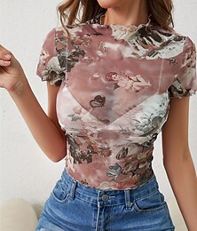 economico -Per donna Maglietta Grafico Moda Moderno Manica Corta Collo Alto Top Regolari Quotidiano Rete Rosa Marrone Verde Estate
