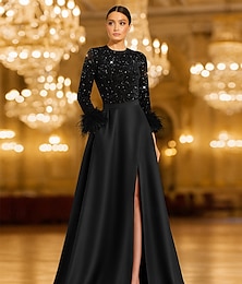billige -Svart Slips Grønn A-Linje Kveldsdrakt Paljetter Elegant Kjole Formell Bryllup Gulvlengde Lange Ermer Krea Hals Lomme Satin med Fjær Lomme