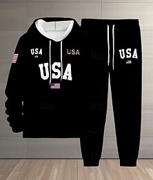 abordables -día de la independencia americana Hombre Bandera estadounidense 2 piezas Conjuntos de sudaderas 3D Chándal Sudadera con capucha Manga Larga Pantalones largos Con Capucha Deportivo Casual / Diario