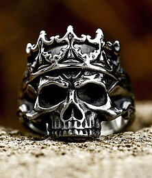 preiswerte -Herrenring aus Edelstahl mit Totenkopf und Krone – Gothic-Punk-Stil, robustes Heavy-Metal-Design, ideal für Halloween-Partys, Cosplay und Rockkonzerte