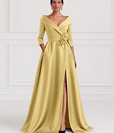 billige -Svart Gull A-Linje Kveldskjole Elegant Kjole Formell Bryllupsgjest Gulvlengde 3/4 Lengde Erme Skjortekrage Lomme Stretch Satin med Skulderblomst