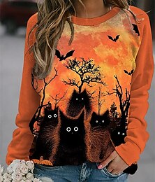 baratos -moletons femininos de Halloween, estampados, casuais, manga comprida, gola redonda, regulares, casuais, preto, amarelo, laranja, outono