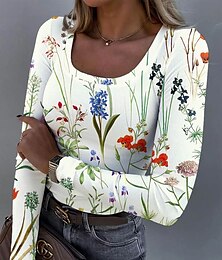 billige -Dame Tunika Blomstret Grafisk Planter Årgang Mote Stilfull Langermet Firkantet hals Vanlige topper Daglig Trykt mønster Hvit Rosa Oransje Grønn Beige Vår Høst