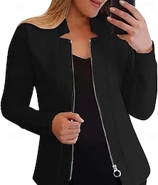 abordables -Mujer Abrigo Mantiene abrigado Cómodo Full Zip Moda Moderno Plano Trabajo Diario Cremallera Regular Escote Chino Ajuste regular Manga Larga Ropa de calle Negro Blanco Rojo Otoño Invierno