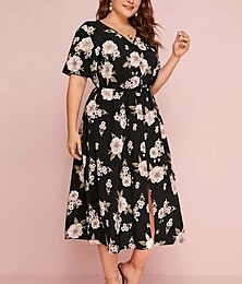 levne -Dámské Větší velikosti Volnočasové šaty Květinový Do V Krátký rukáv Léto Jaro Elegantní Módní Moderní Na běžné nošení Midi šaty Denní Dovolená Šaty
