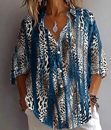 baratos -Mulheres Camisa Social Gráfico Leopardo Abstrato Vintage Tropical Diário Manga Longa Colarinho de Camisa Tops regulares Trabalho Diário Feriado Botões Imprimir Azul Marron Verde Verão Primavera Outono