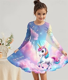 halpa -Tyttöjen 3D Yksisarvinen Mekko Pitkähihainen Kesä Kevät Loma Päivittäin Pyhäpäivä Prinsessa Kaunis Makea Lapset 4-12 vuotta Rento mekko A linjainen mekko Polvipituinen Normaali