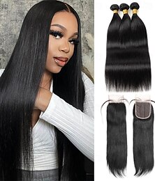 رخيصةأون -وصلات شعر بشري مستقيمة منسوجة، 3 حزم مع إغلاق، شعر بإغلاق دانتيل 4 × 4، 10-28 بوصة، للنساء ذوات البشرة السوداء