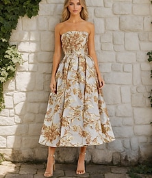 abordables -Vestido elegante de cóctel con brocado floral metálico dorado, corte A, para boda, largo hasta la rodilla, sin mangas, sin tirantes y con pliegues (2025)
